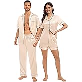 SWOMOG Matching Pajamas for Couples Satin Short Sleeve Sleepwear Women/Men Silk Soft Button Down Nightwear 2 Pcs Loungewear