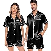 SWOMOG Satin Matching Pajamas Sets Couple Silk Button Down Nightwear Women & Men Short Sleeve Sleepwear 2 Pieces Loungewear